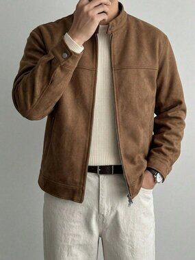 Brown Casual Men's Faux Suede Jacket